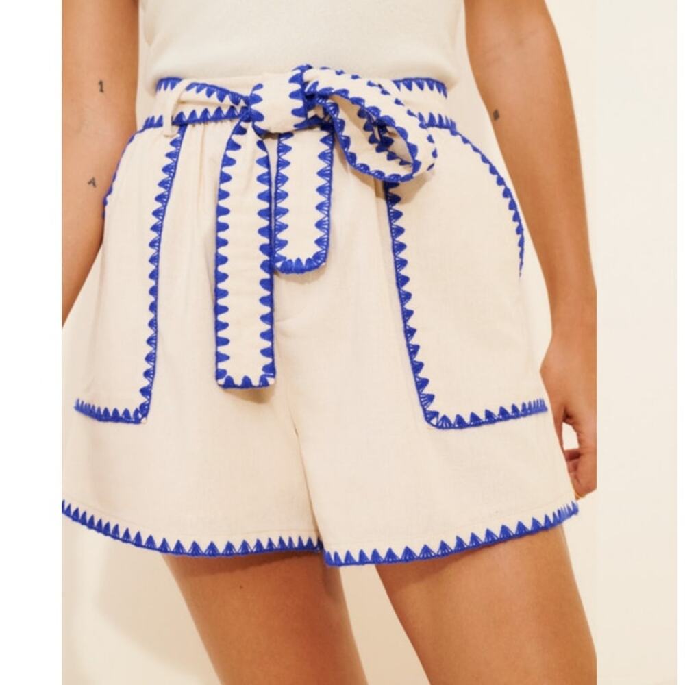 En Saison Donatella Cotton Linen Shorts Natural - Blue size Medium NWT - Picture 2 of 16